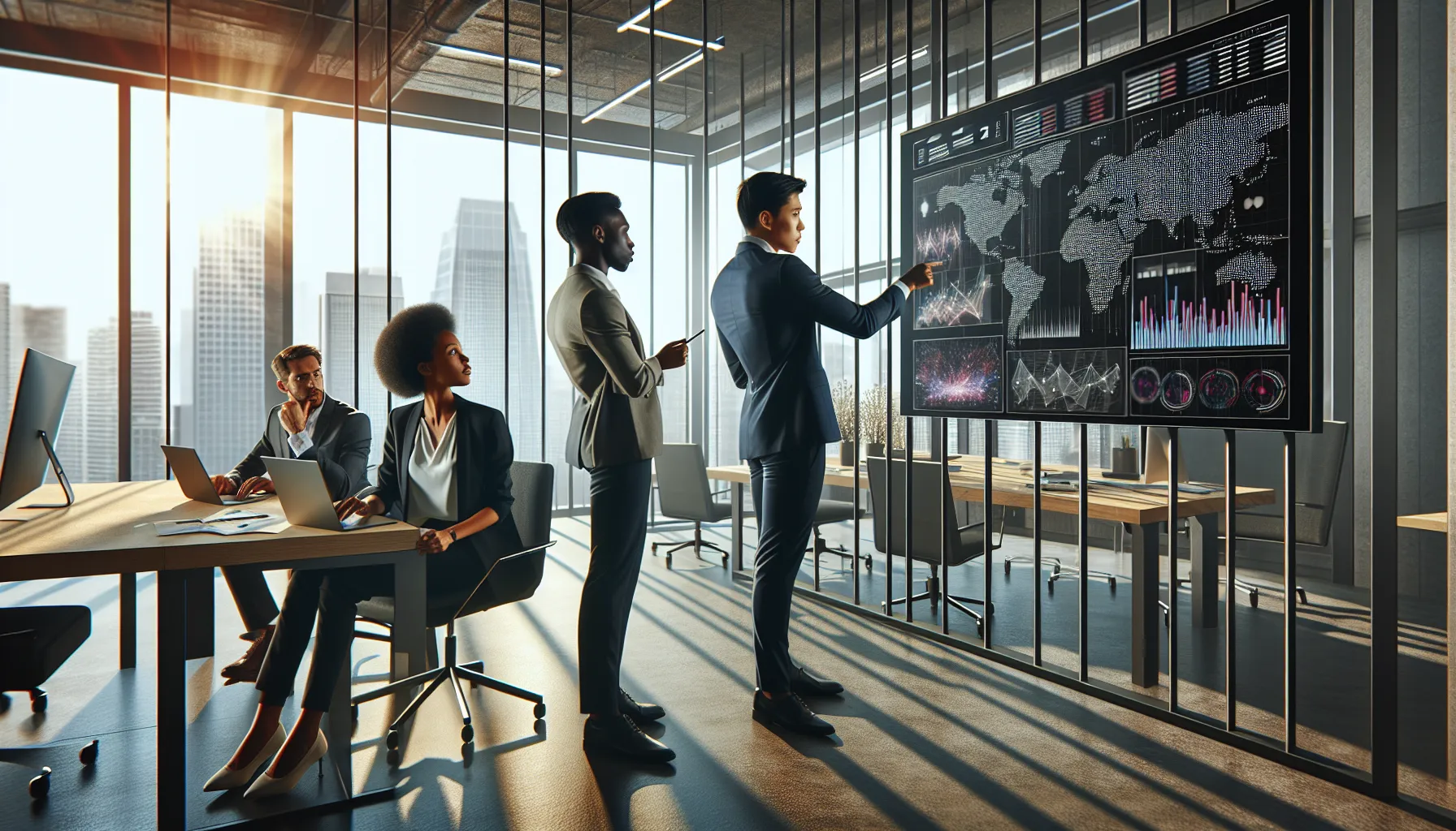 diverse team analyzing data in a modern office.