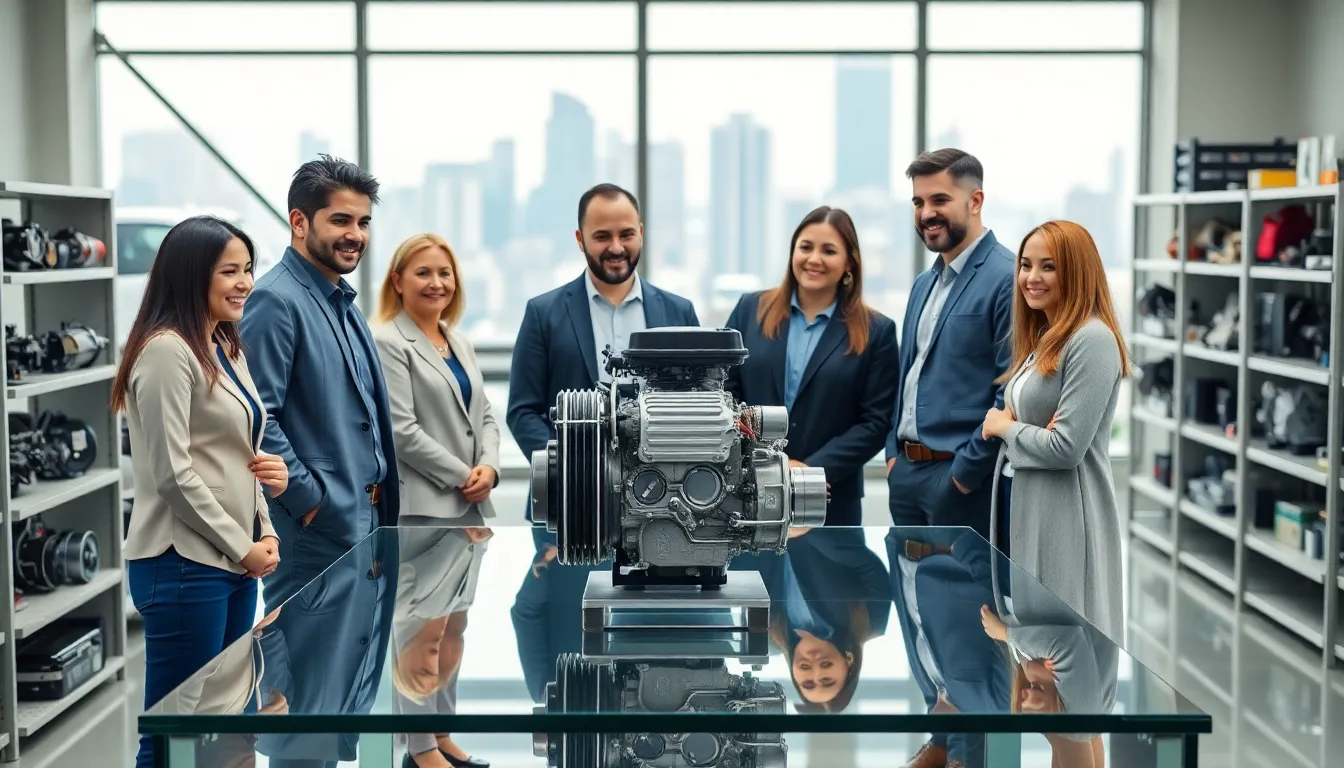 diverse team discussing engine sharing in a modern workshop.