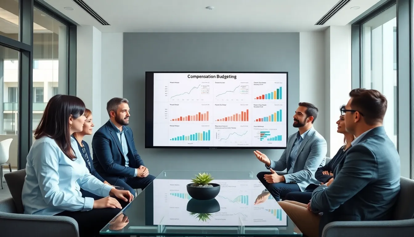 diverse team discussing compensation budgeting software in a modern office.