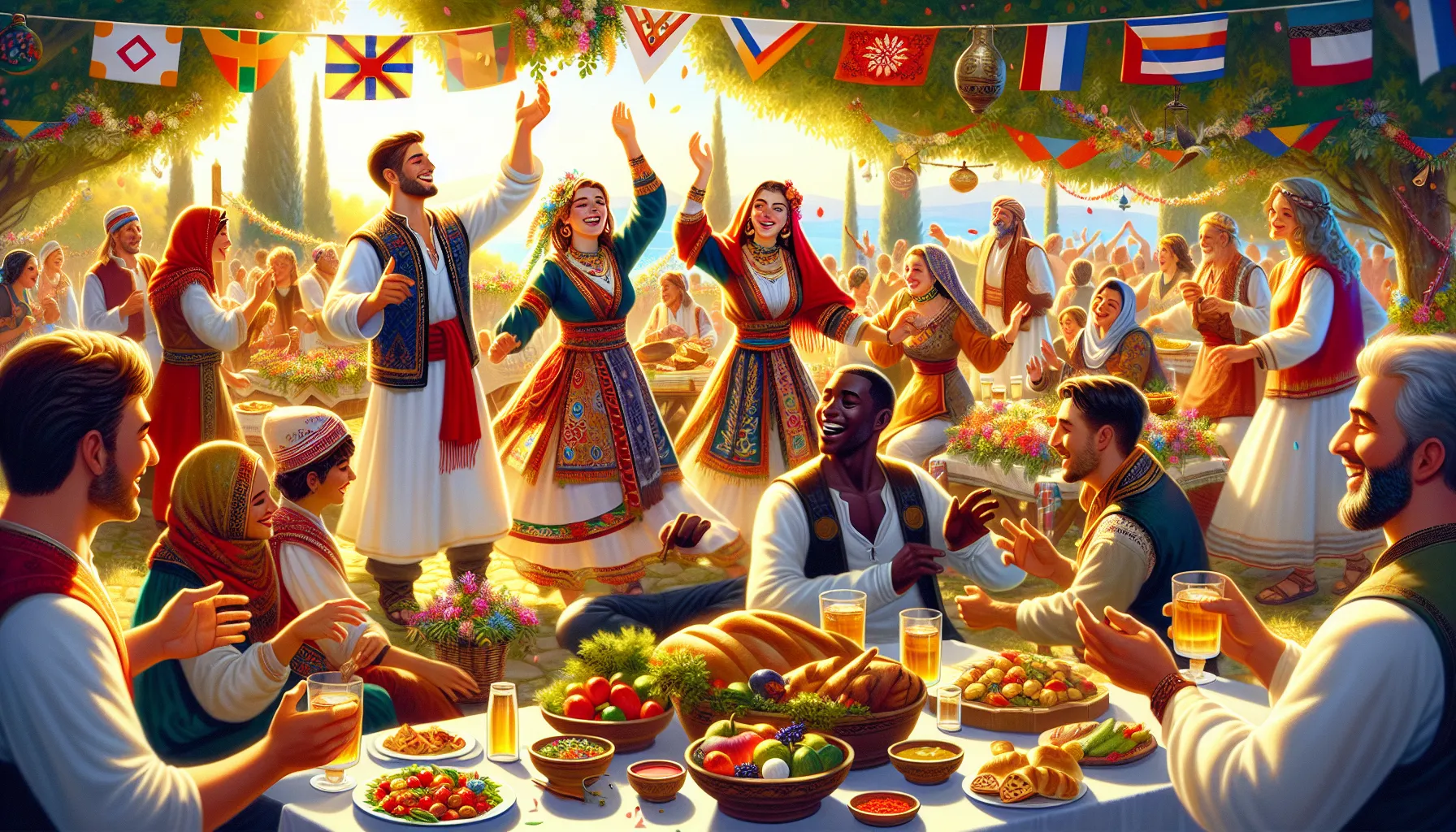 diverse group celebrating the history of Πωστεγι festival.