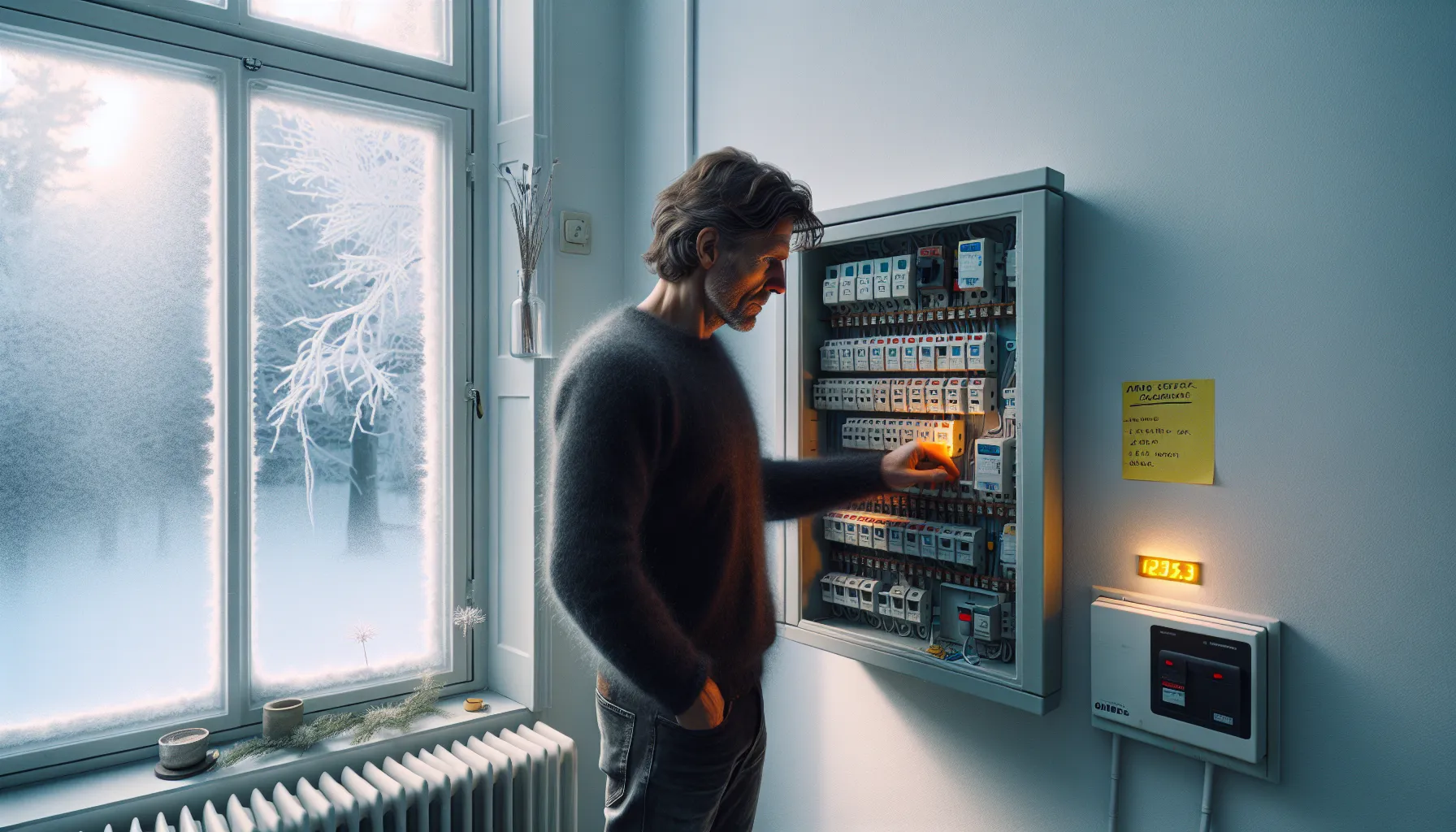 Fordelene med regelmessig vedlikehold av sikringsskapet 5 Norwegian homeowner inspecting an open fuse cabinet with old and modern breakers.