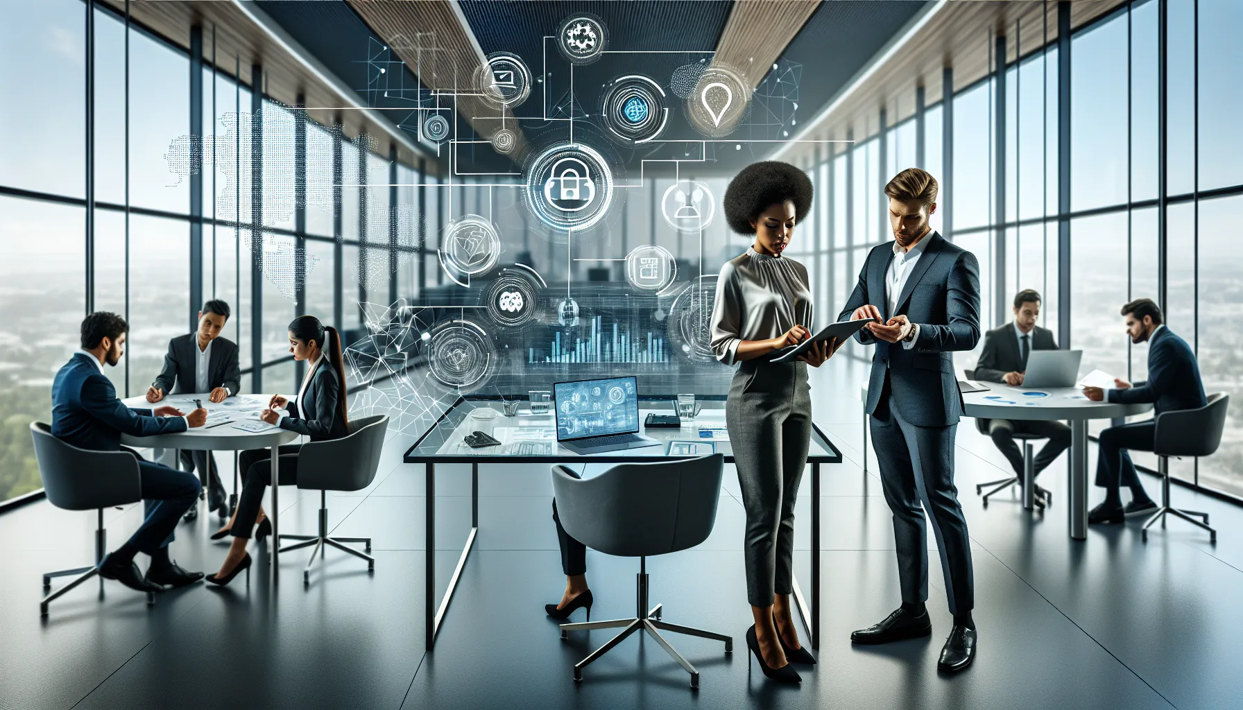 diverse team discussing fintech solutions in a modern office.