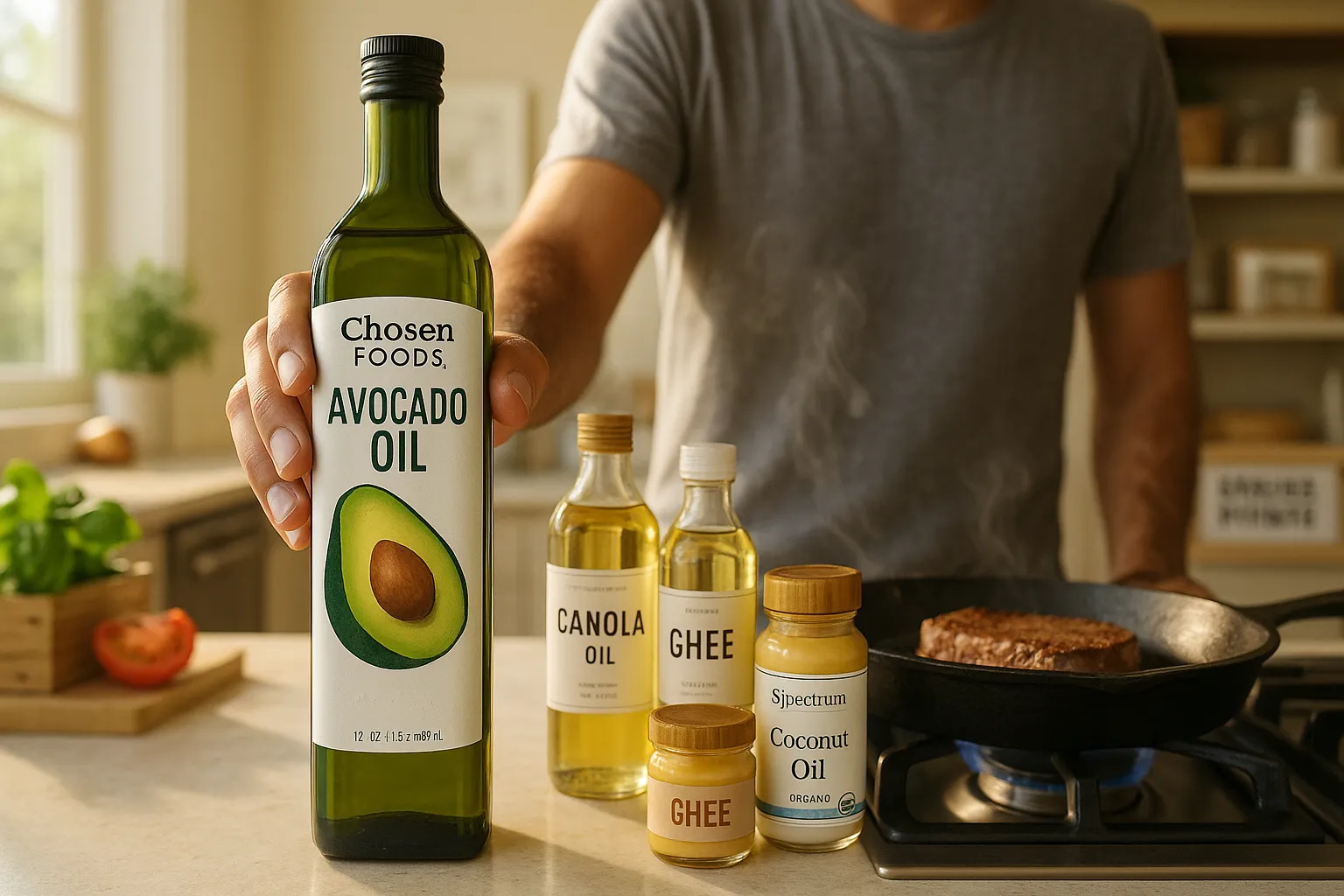 Hand reaching for an avocado oil bottle beside other cooking oils and a searing skillet.