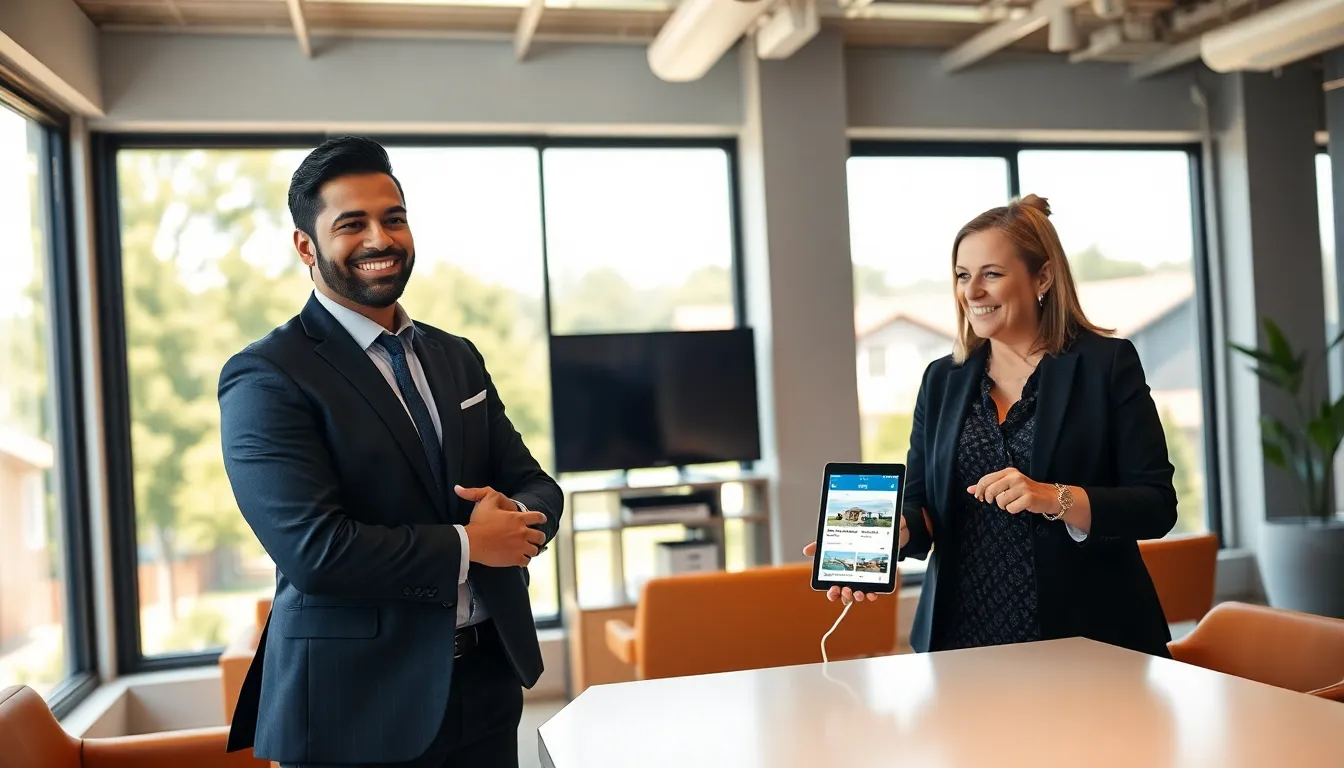 A real estate agent discussing listings with a client in a modern office.