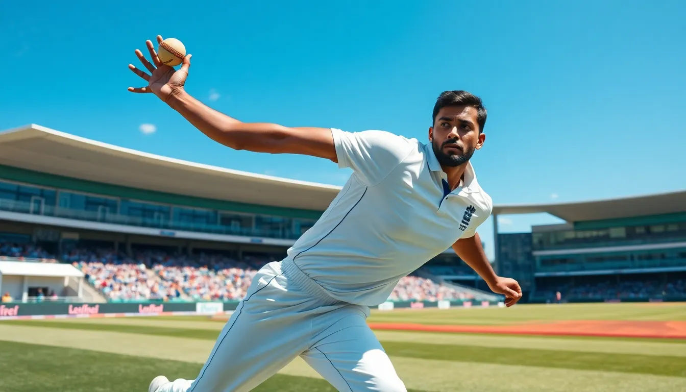 fast bowler in action on a cricket pitch with a focused expression.