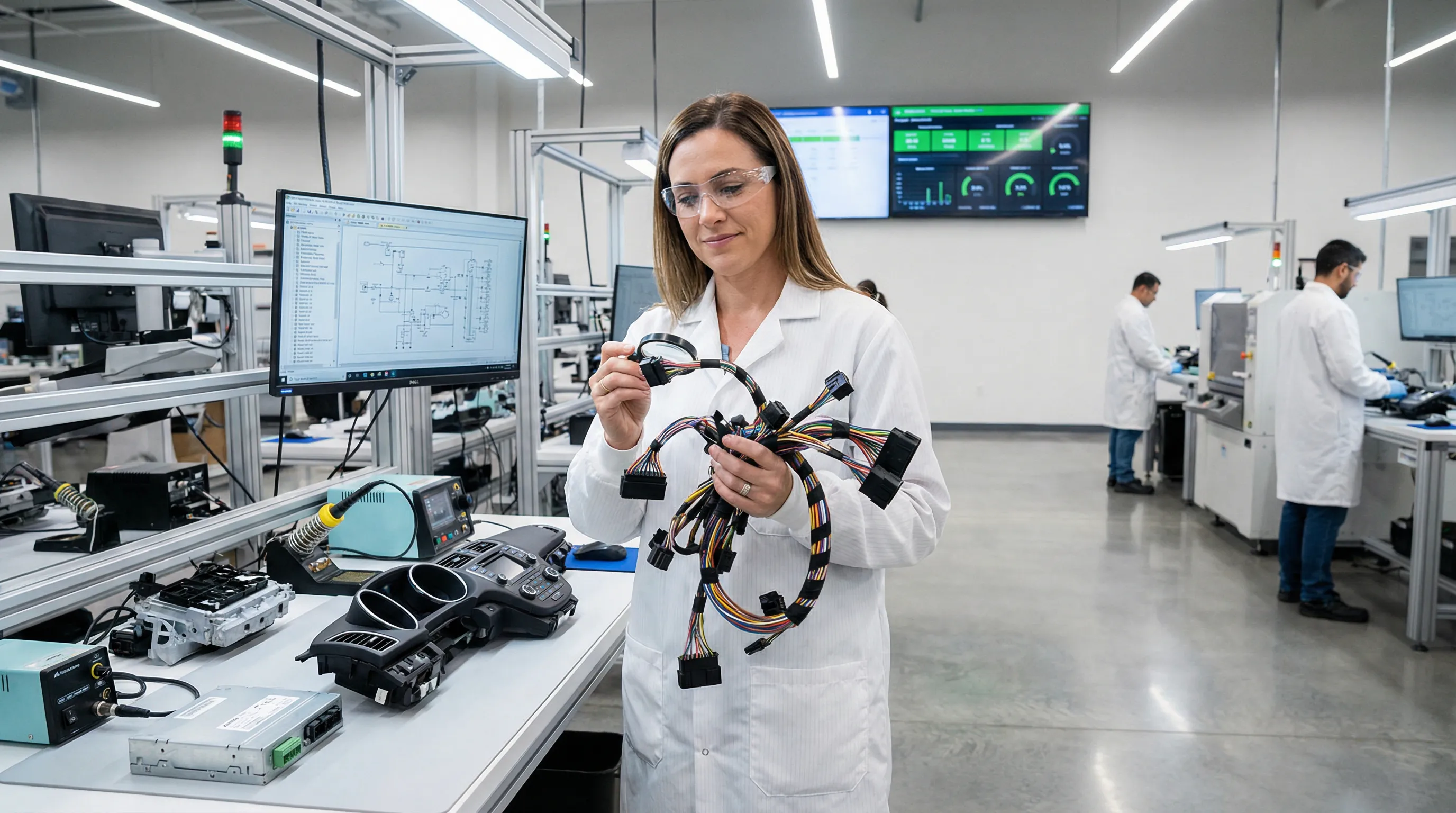 Engineer inspecting a wire harness assembly in a modern electronics facility.