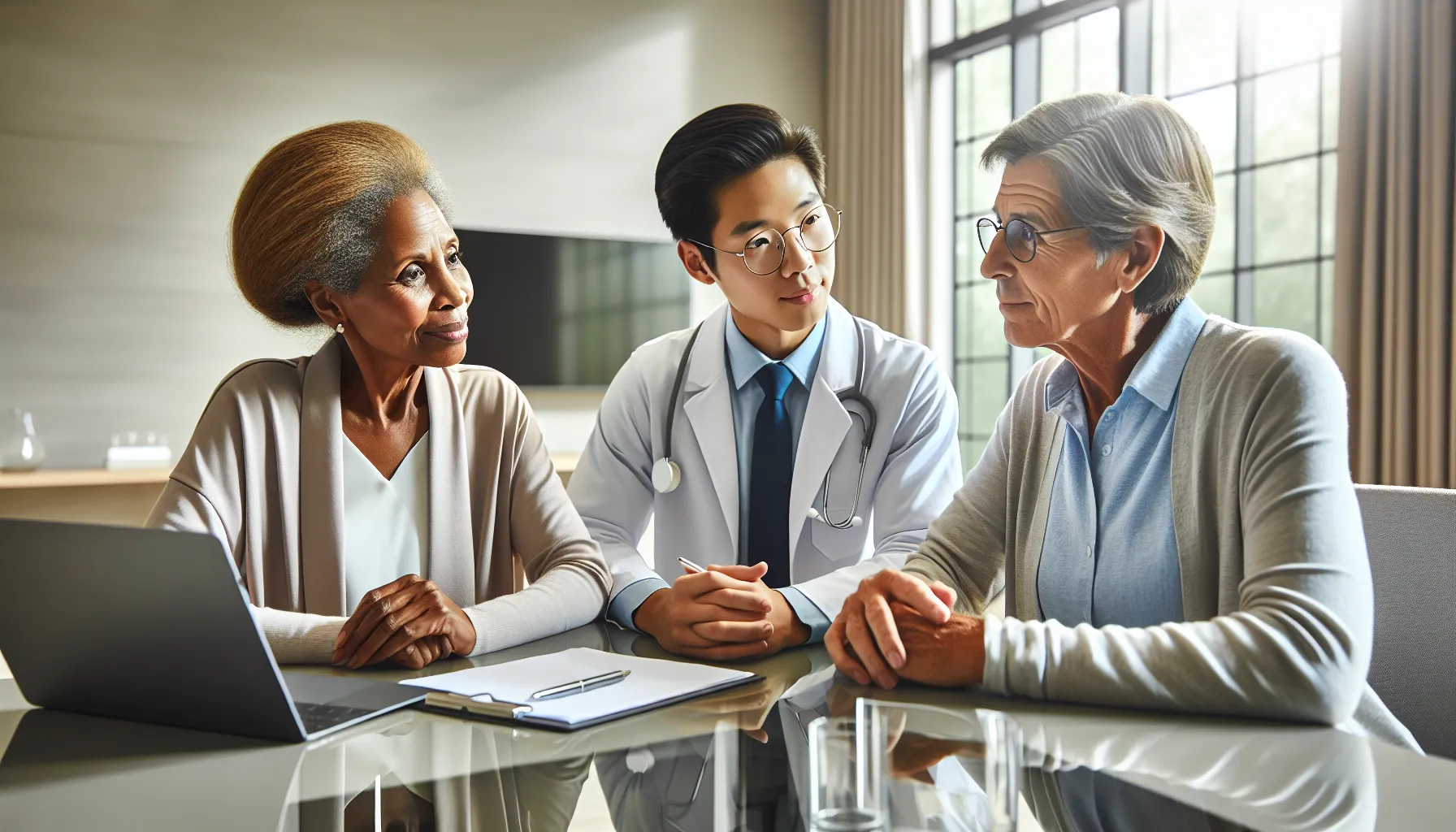 diverse team discussing caregiving services in a modern office.