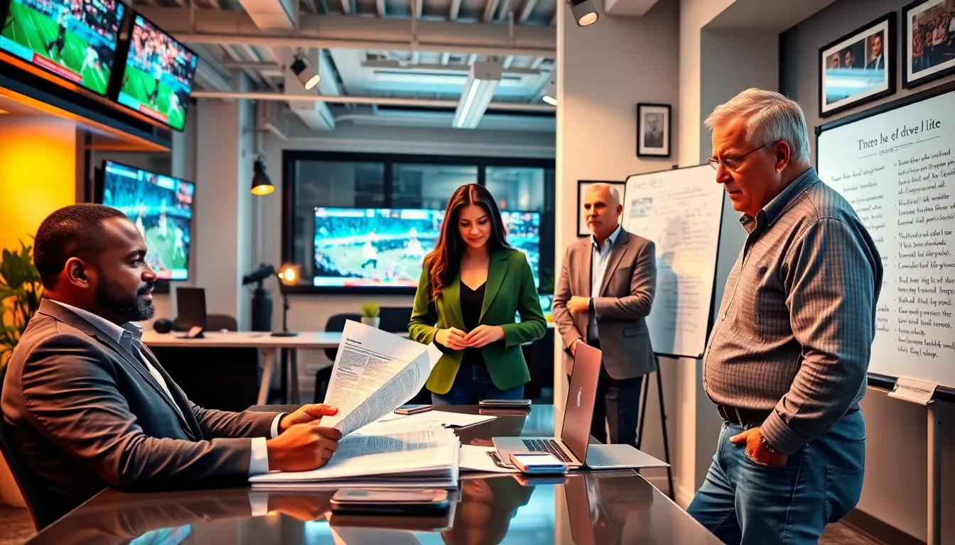 journalists collaborating in a sports news editorial office.