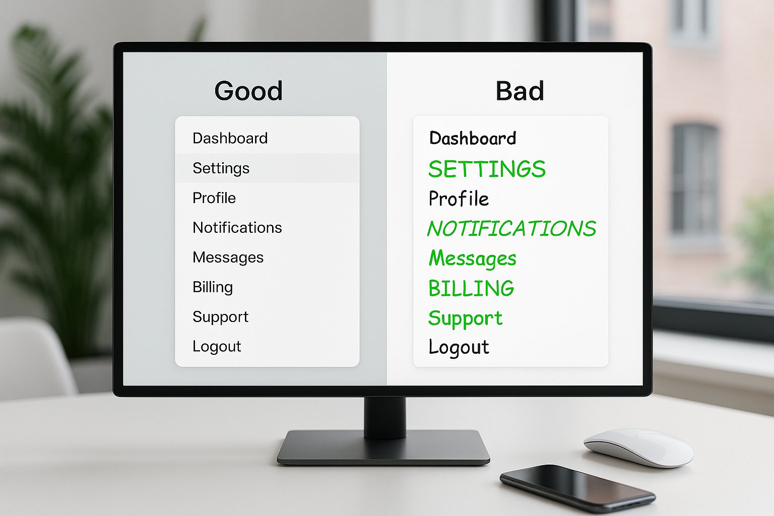 A computer screen shows a split UI: good vs bad typography design.