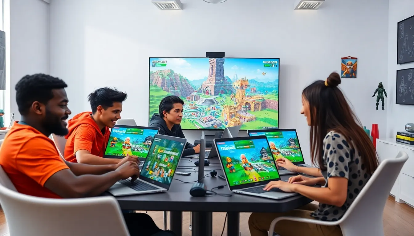 diverse gamers collaborating on creative Minecraft Imagineergames.