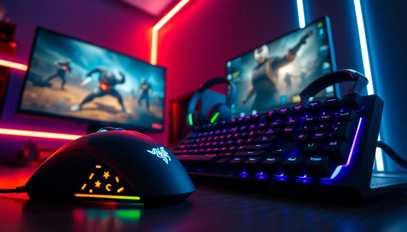 a stylish gaming setup featuring a mouse, keyboard, and headset.