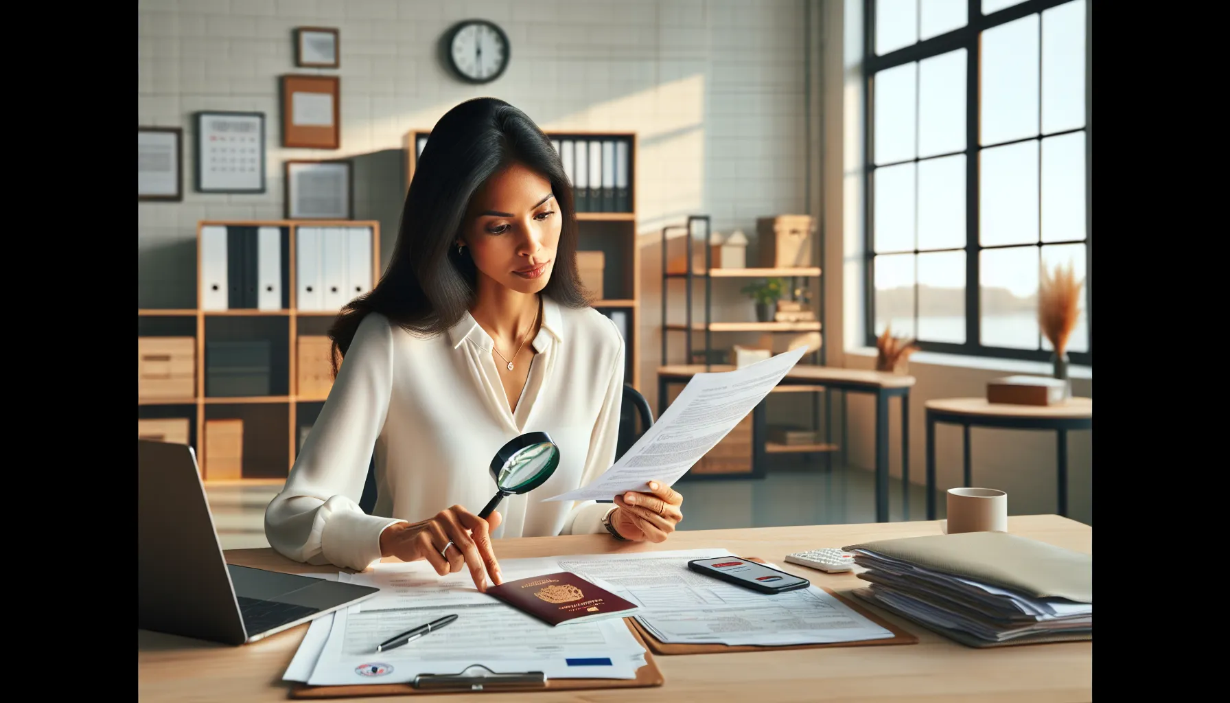 Woman examining passport documents and calendar at modern office desk