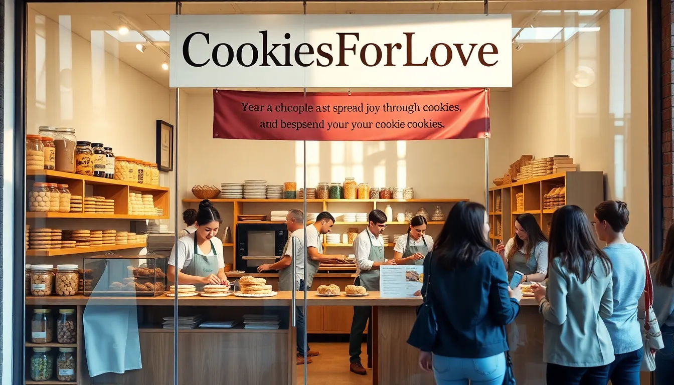 CookiesForLove bakery with diverse team and a display of colorful cookies.