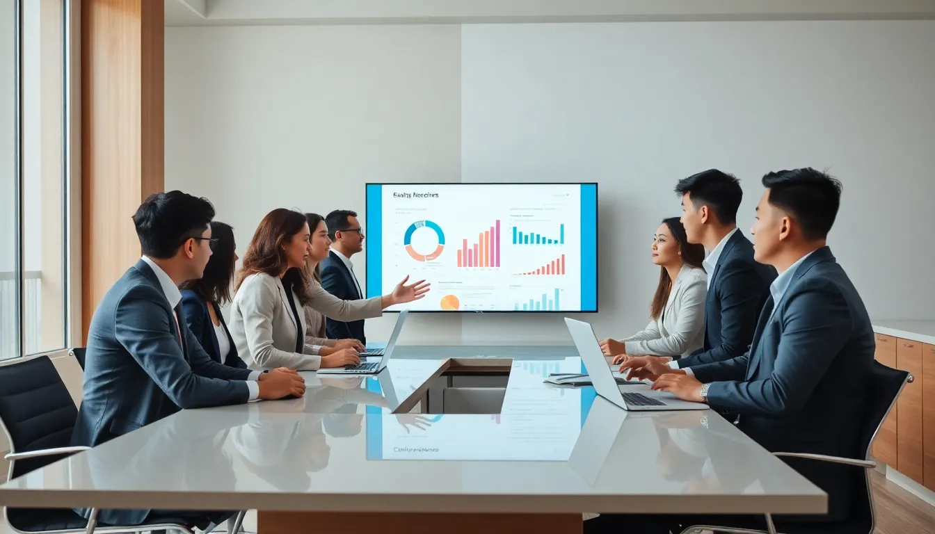 diverse professionals discussing the significance of a specific number in a modern office.