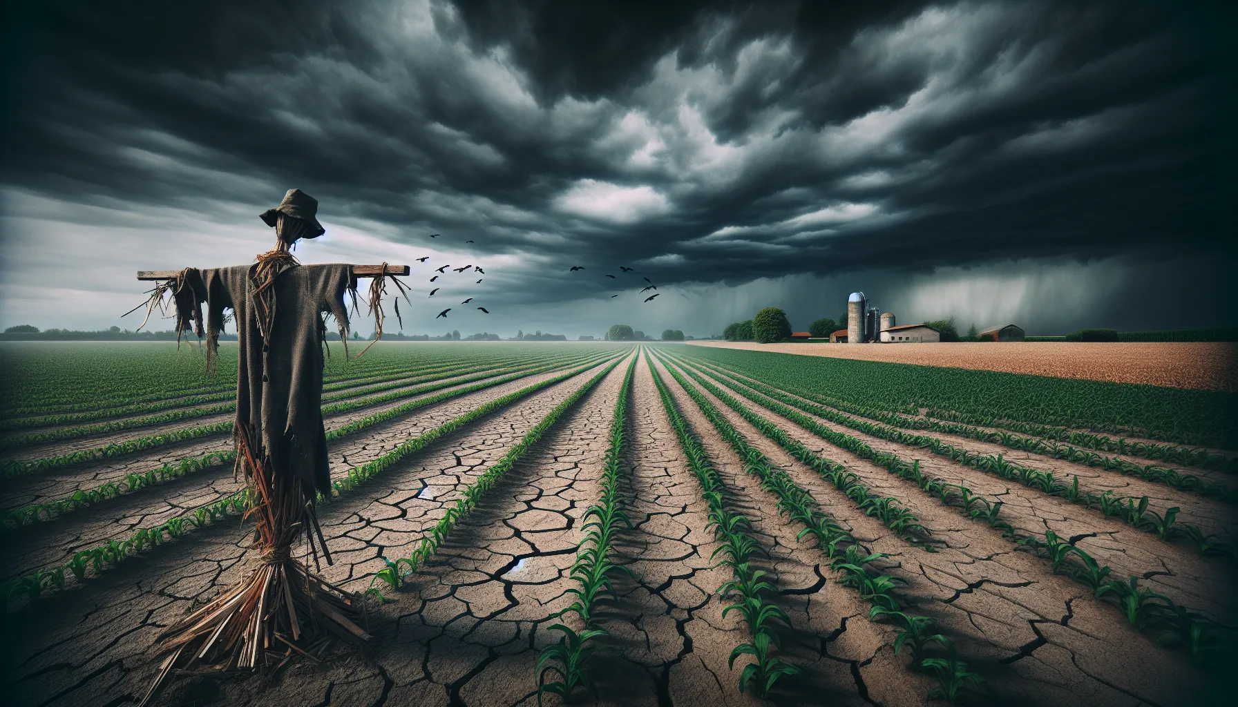 A barren field juxtaposed with sparse crops under an overcast sky, symbolizing drought.