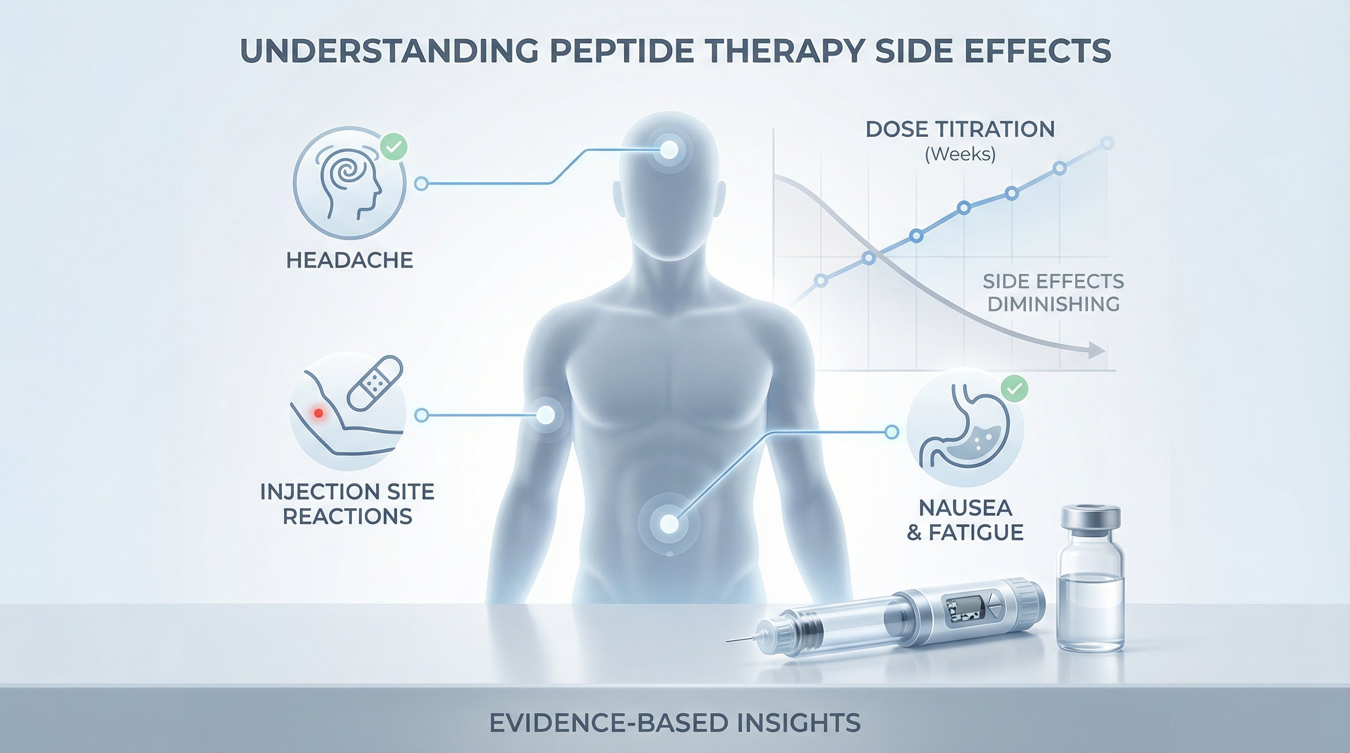 Medical illustration showing common peptide side effects on a human body silhouette.