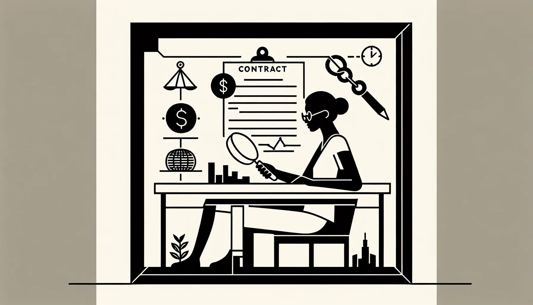 Veterinarian at a desk examining a contract with Illinois skyline and barn icons of Illinois Veterinary Contract Review.
