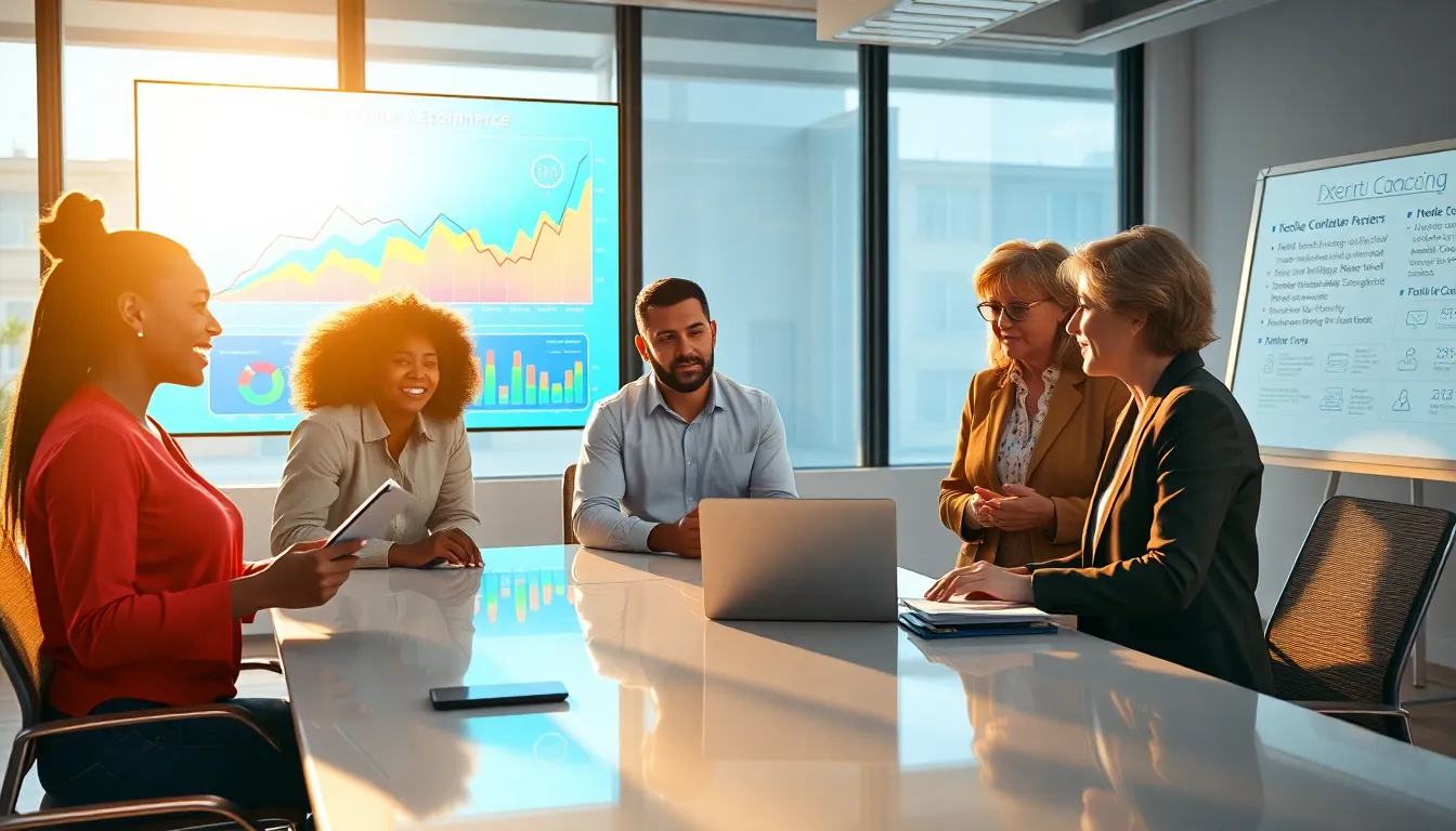 a diverse team brainstorming about digital marketing trends in a modern office.