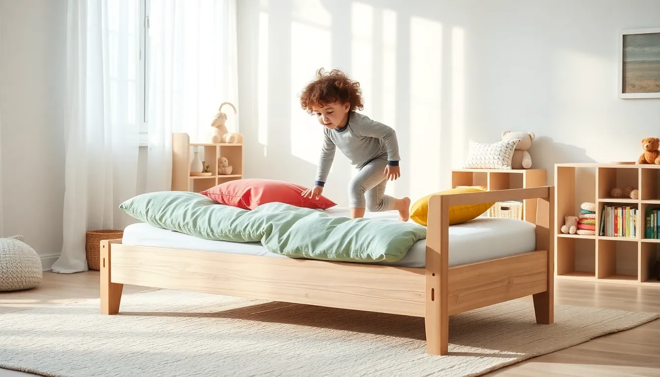 toddler climbing out of a Montessori bed in a cozy bedroom.