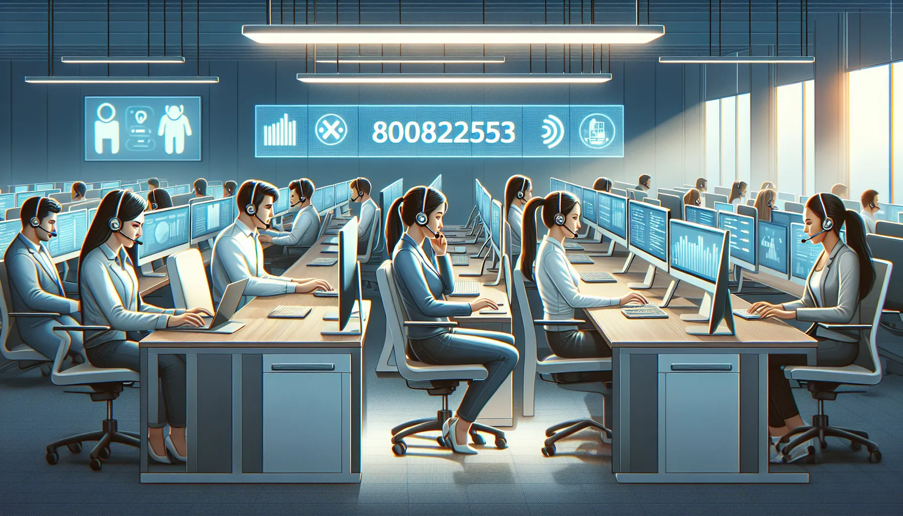 customer service agents working in a modern call center environment.