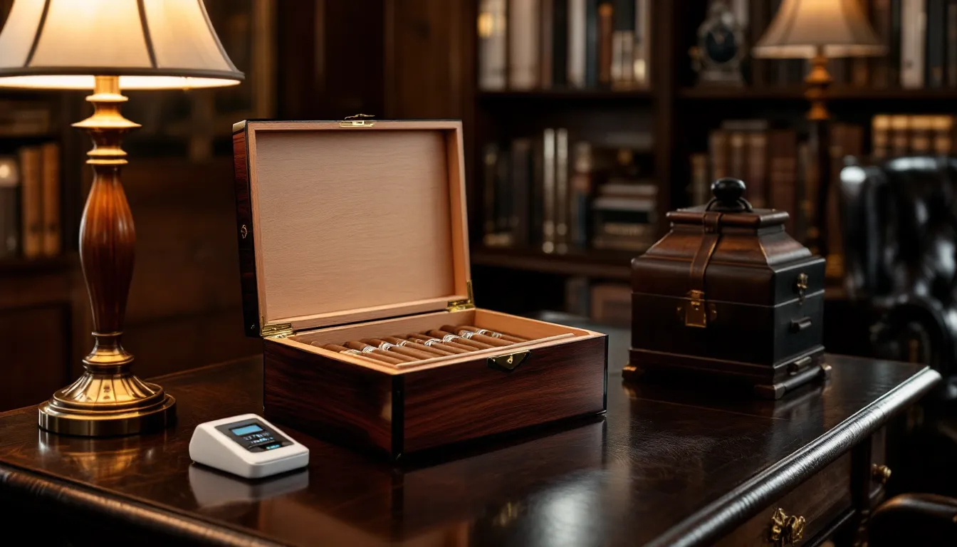 Premium wooden humidor with cigars and digital hygrometer on desk