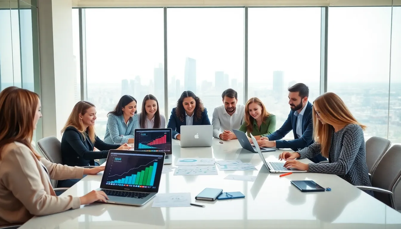 professionals brainstorming AI side hustle ideas in a modern office.