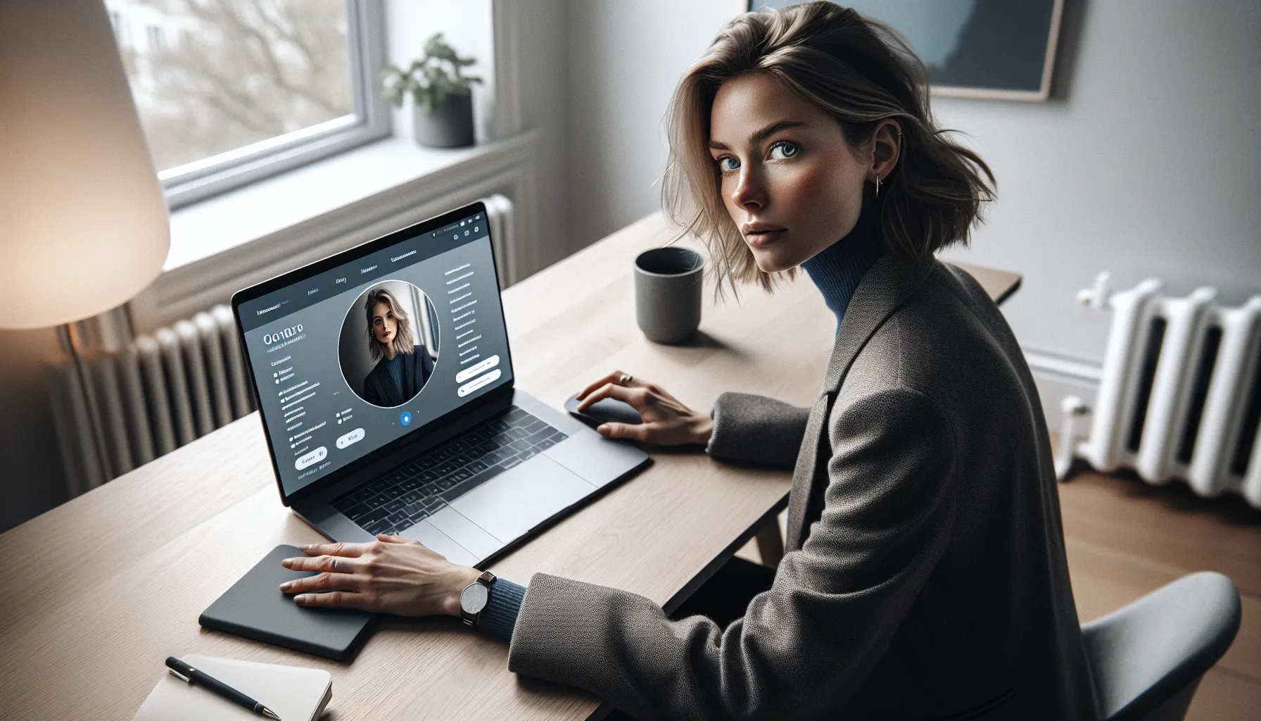 Norwegian woman edits linkedin profile with professional photo, banner, and headline.