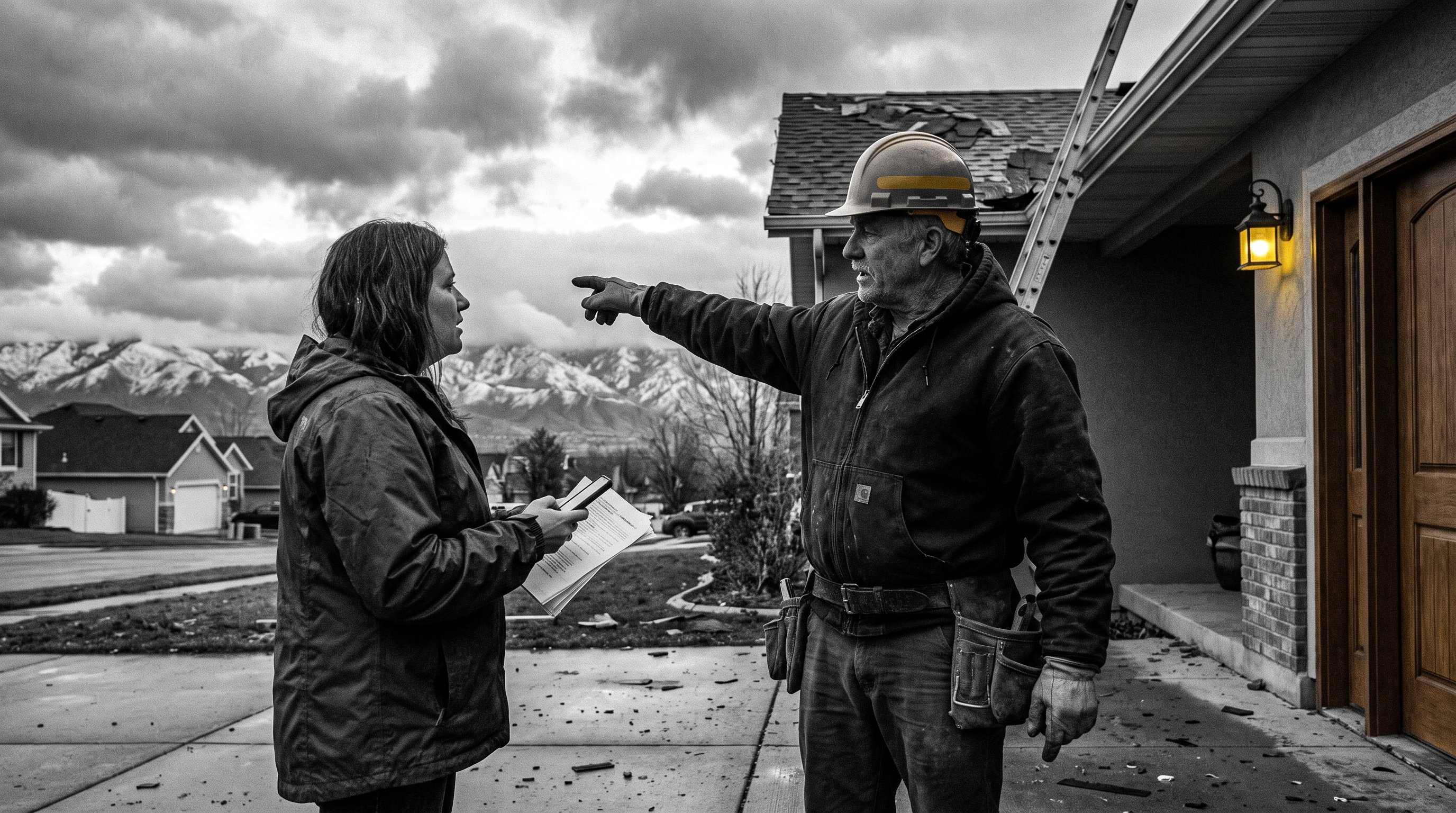 Roofing contractor discussing storm damage with a homeowner near a Utah home.