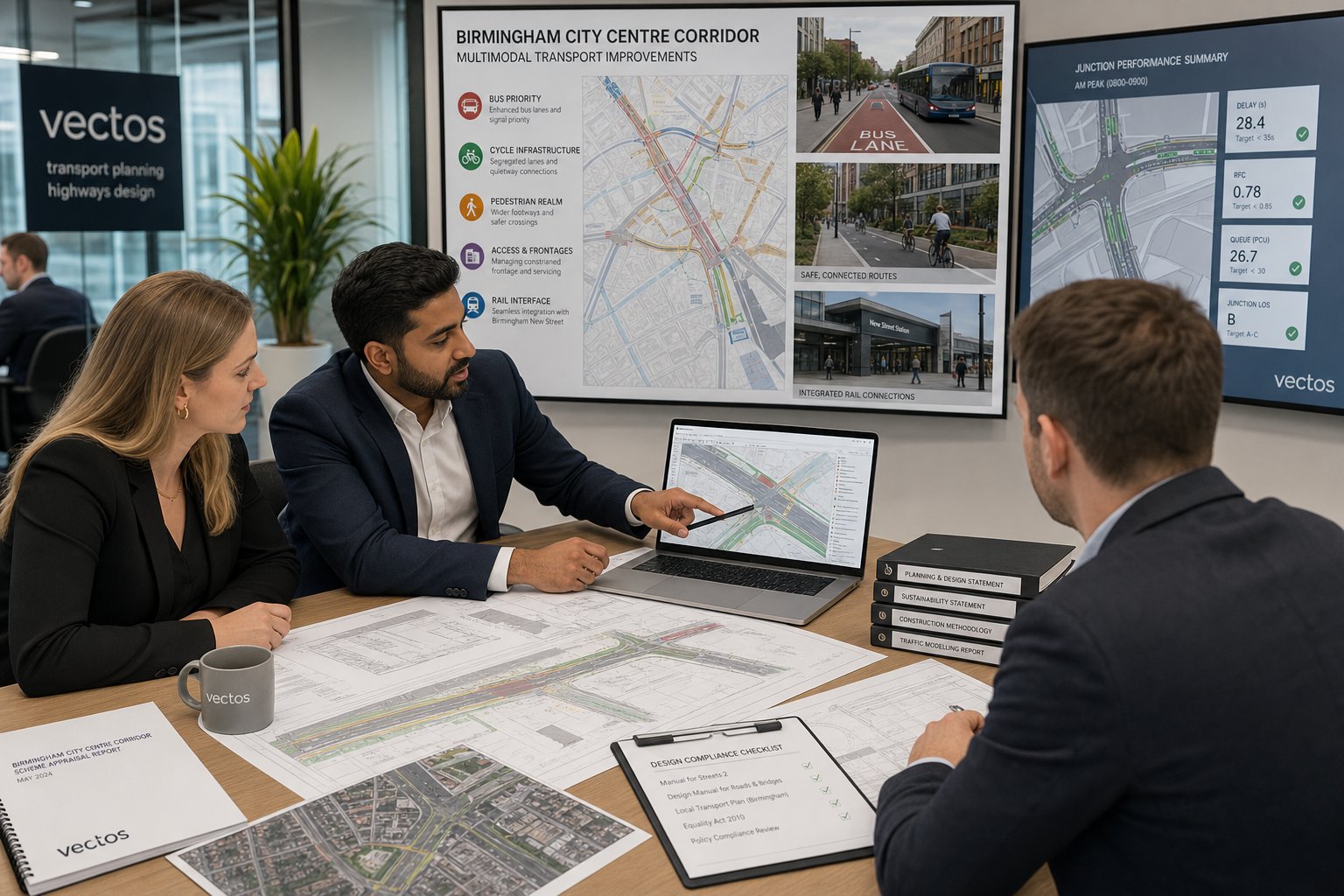 Highway consultants reviewing Birmingham road and planning designs in a modern office.