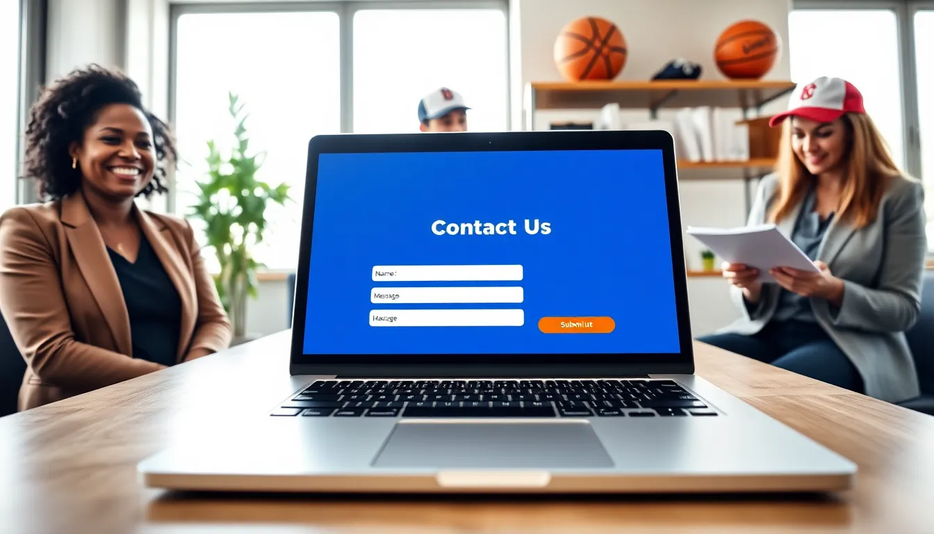 A laptop displaying a 'Contact Us' webpage in a modern office.