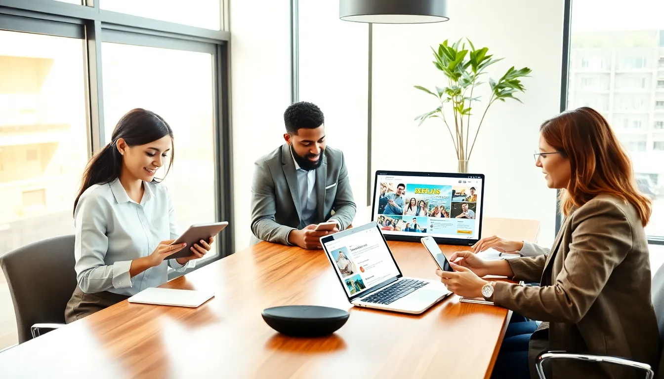 three professionals using language learning apps in a modern office.
