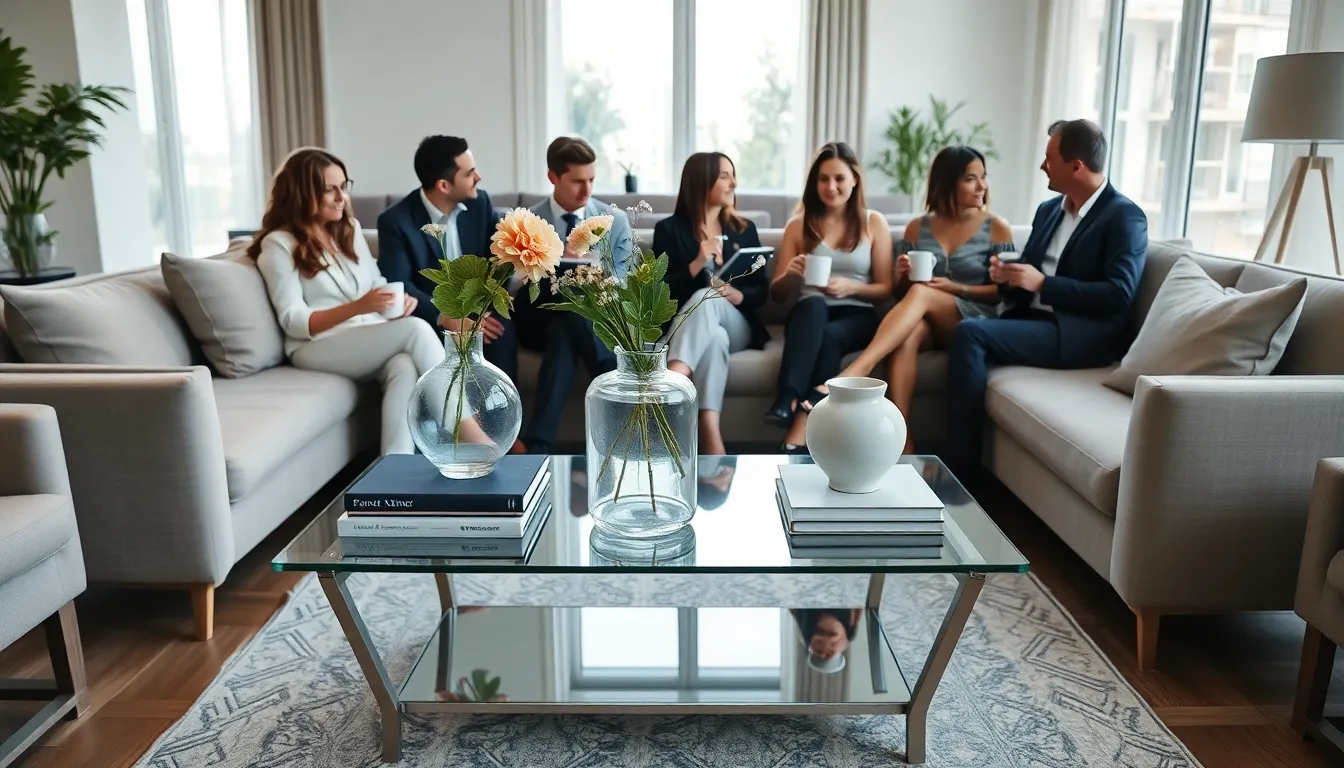 A modern living room with a glass coffee table and diverse professionals.