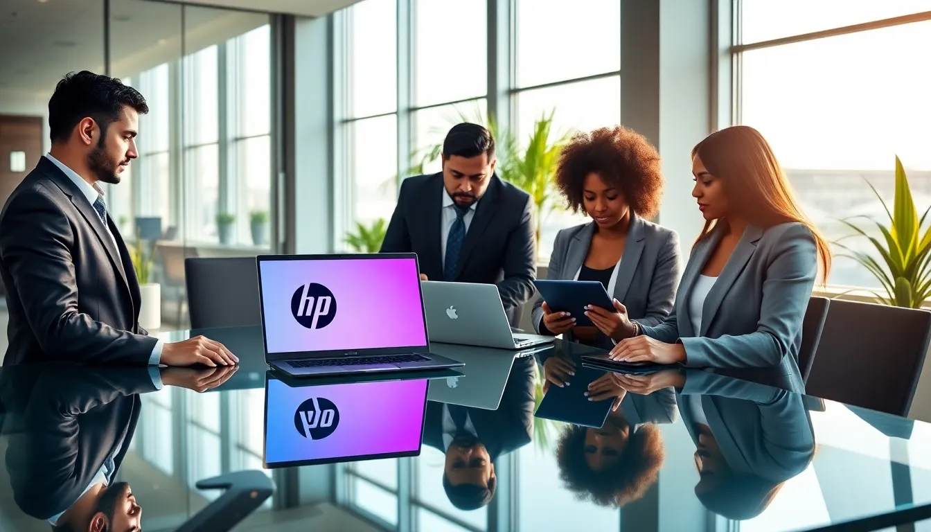 diverse team collaborating over Hewlett Packard laptops in a modern office.