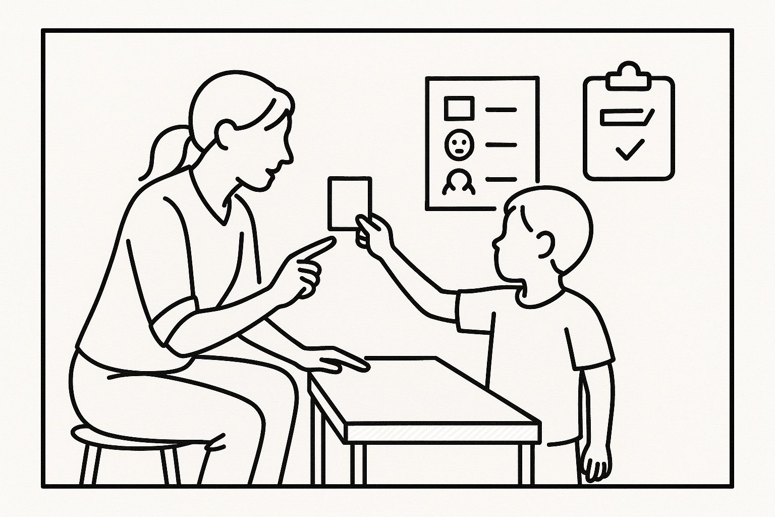 Teacher kneeling teaching student to use a visual cue card in classroom. - What Are IEP Behavior Goals A Practical Guide for Parents and Educators 2026