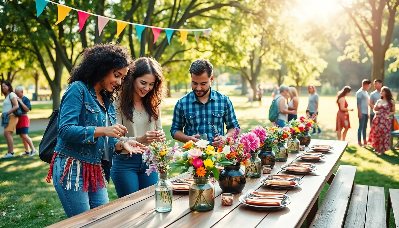 diverse group collaborating to set up a budget-friendly outdoor event.