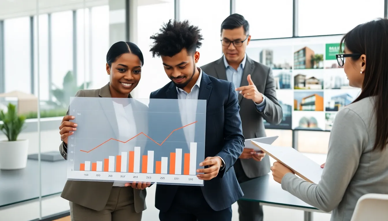 professionals discussing real estate investments in a modern office setting.