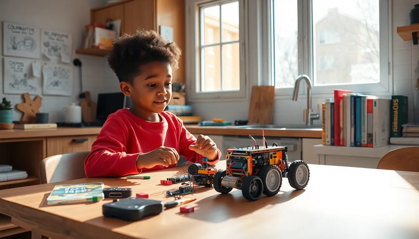 young boy experimenting with gadgets in a bright kitchen.