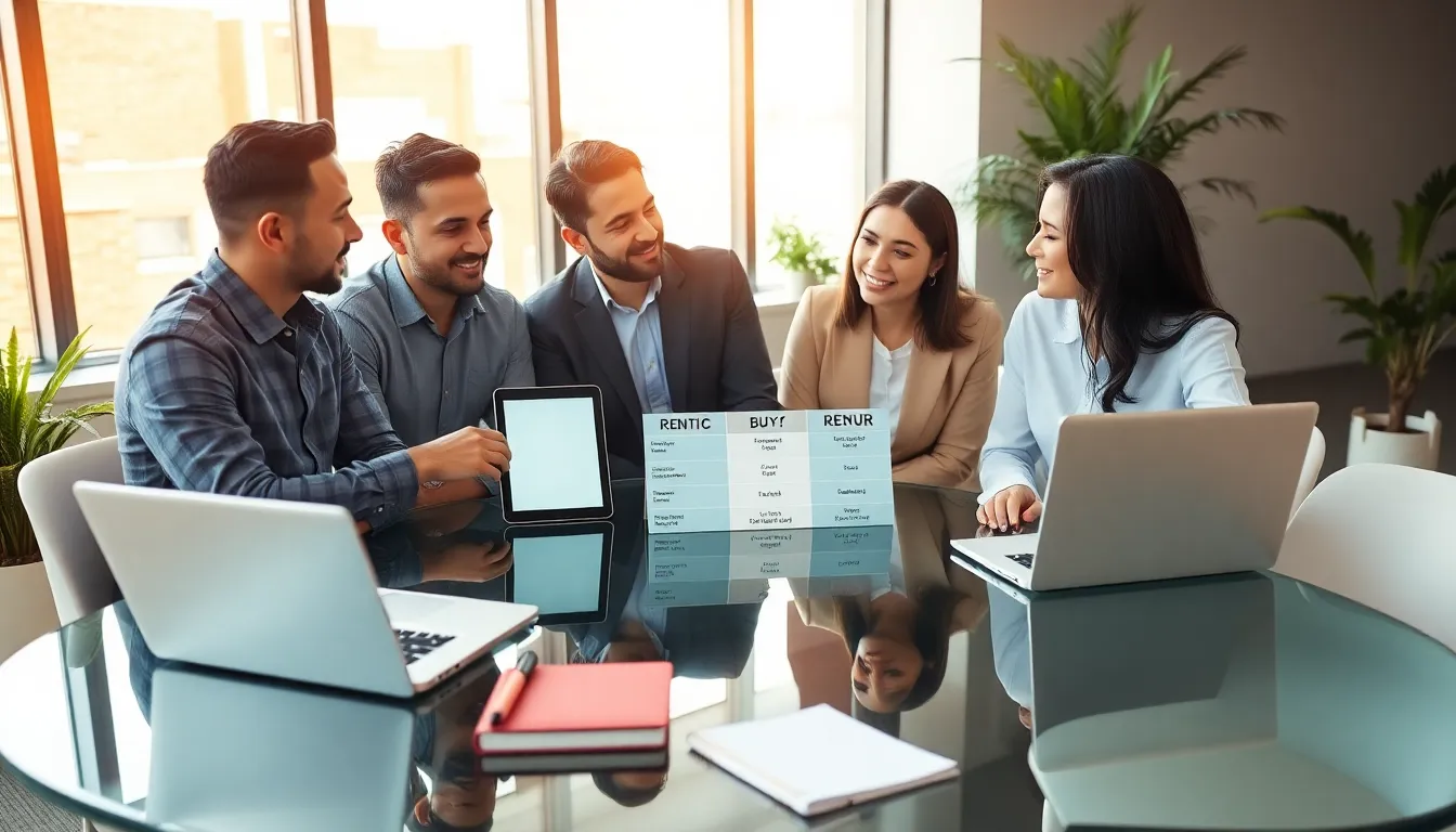 diverse professionals discussing renting vs buying a car in an office.