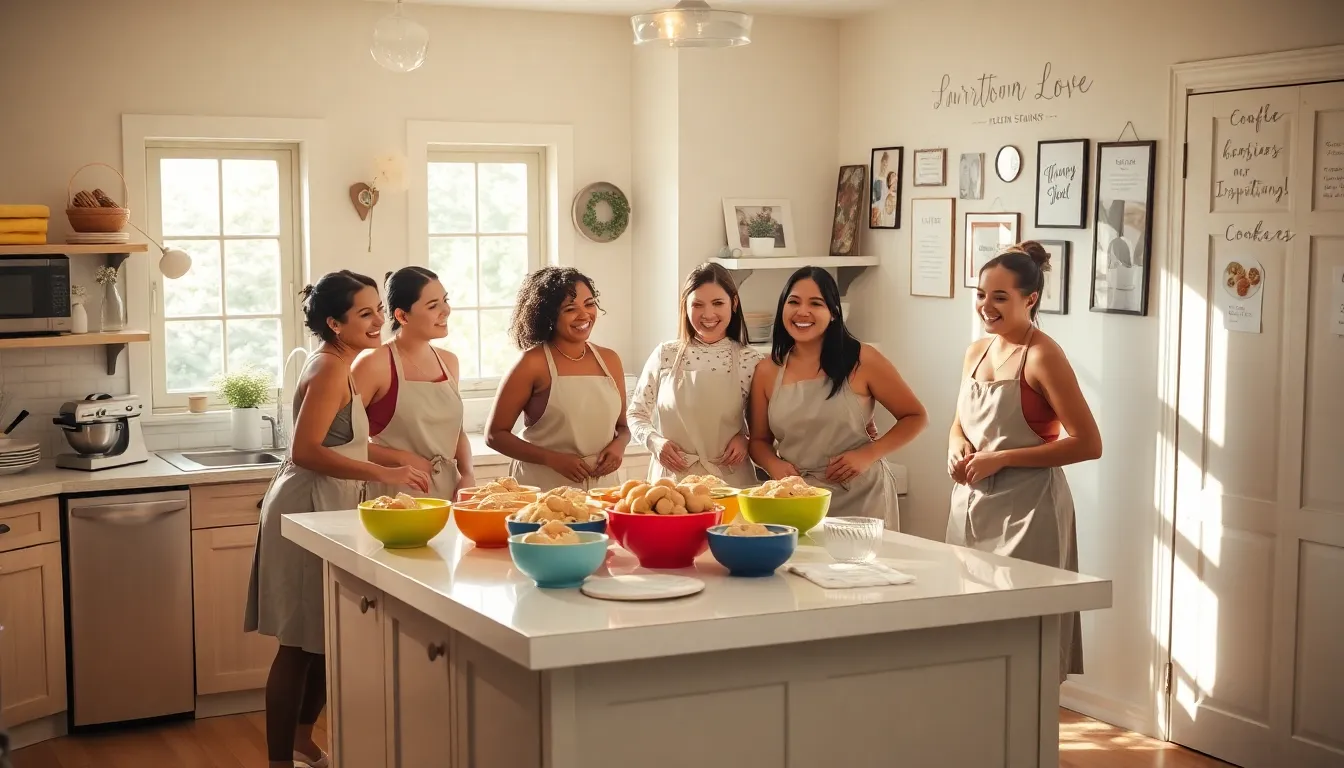diverse bakers collaborating in a warm, inviting kitchen setting.