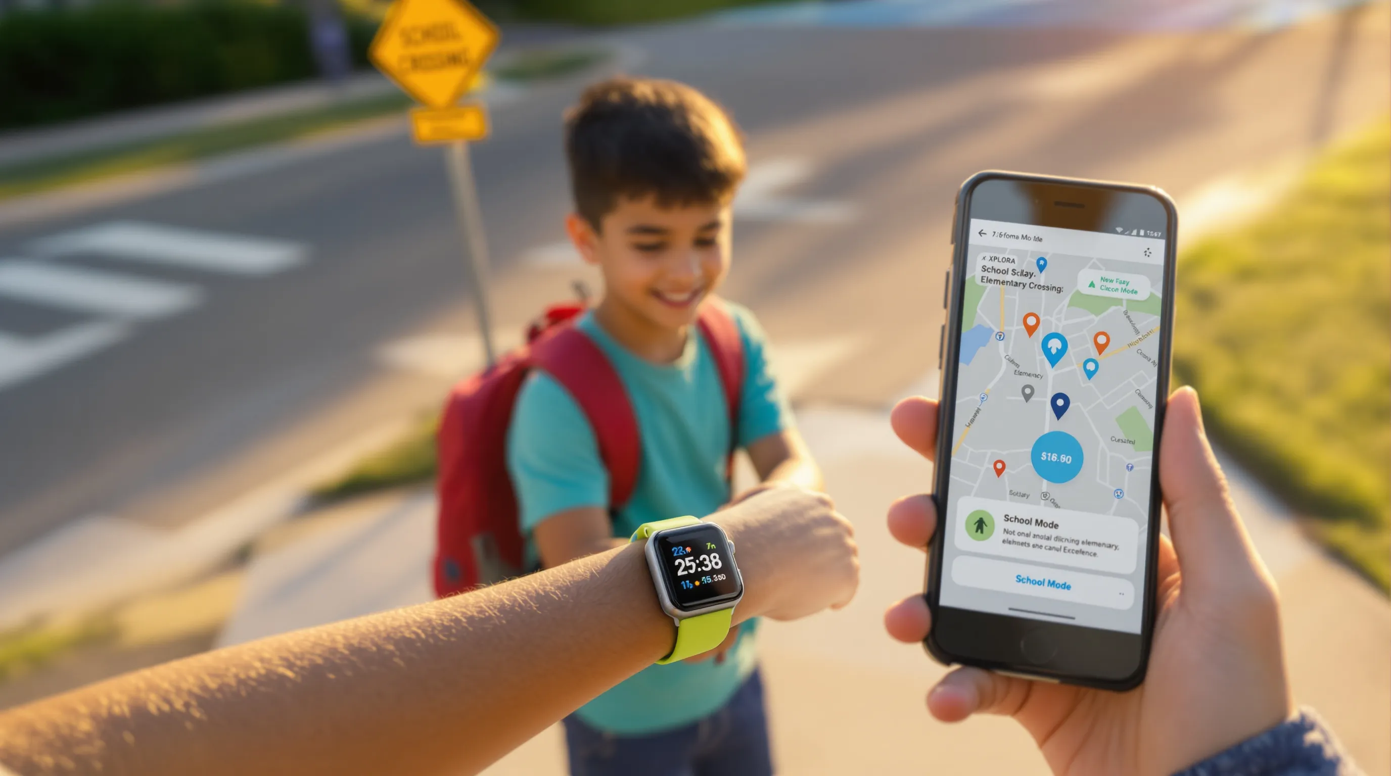 Child checks colorful GPS smartwatch while parent views live location app.