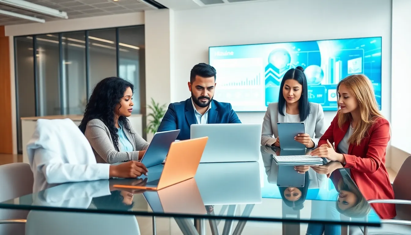 diverse team using Hlzuine28.6 software in a modern office.