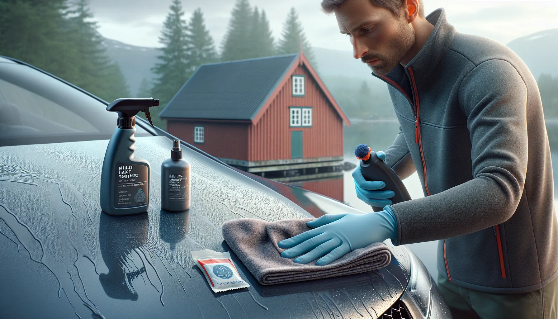 Gloved driver dabs ph‑neutral detailer and microfiber on bird droppings.