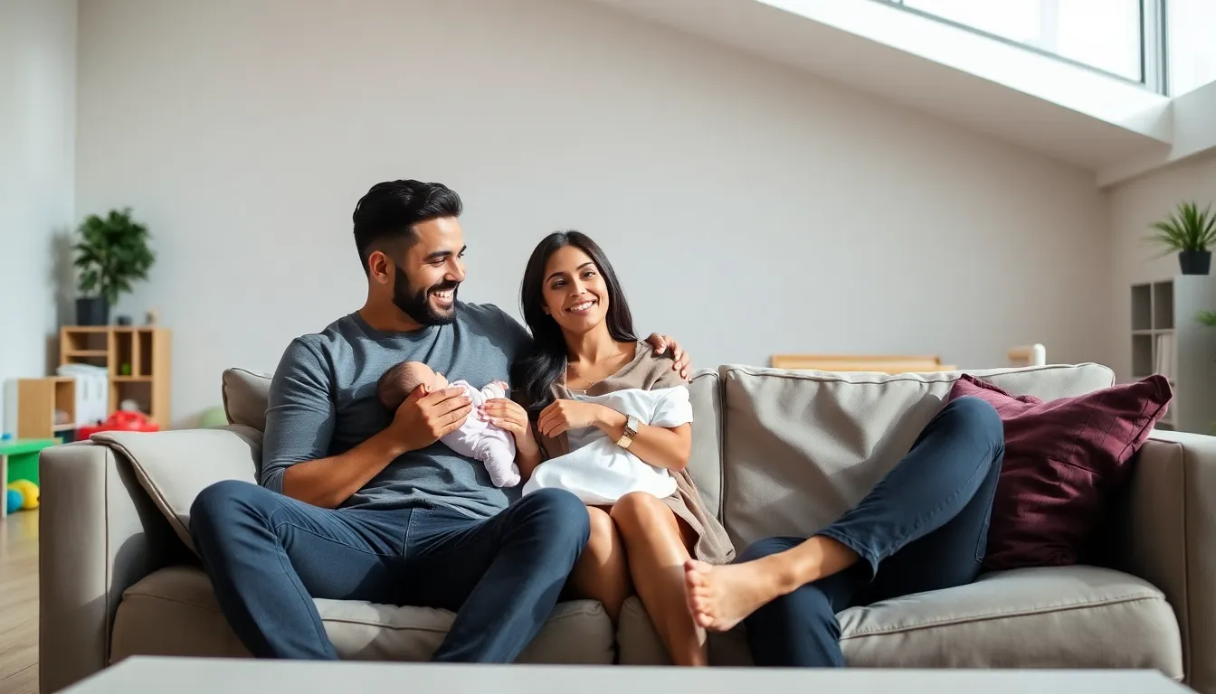 two new parents discussing parenting strategies in a cozy living room.