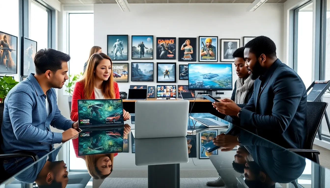 diverse team discussing gaming insights in a modern workspace.