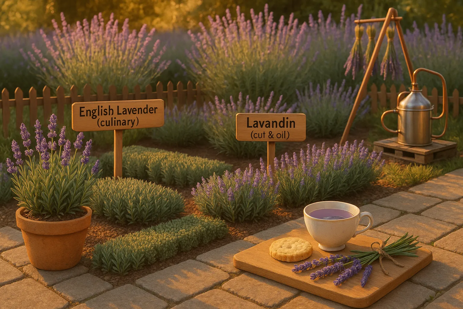 English lavender in pots with shortbread; taller lavandin rows and drying bundles behind.
