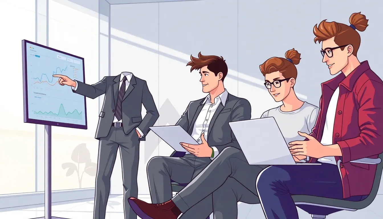 diverse trio collaborating in a modern office setting.