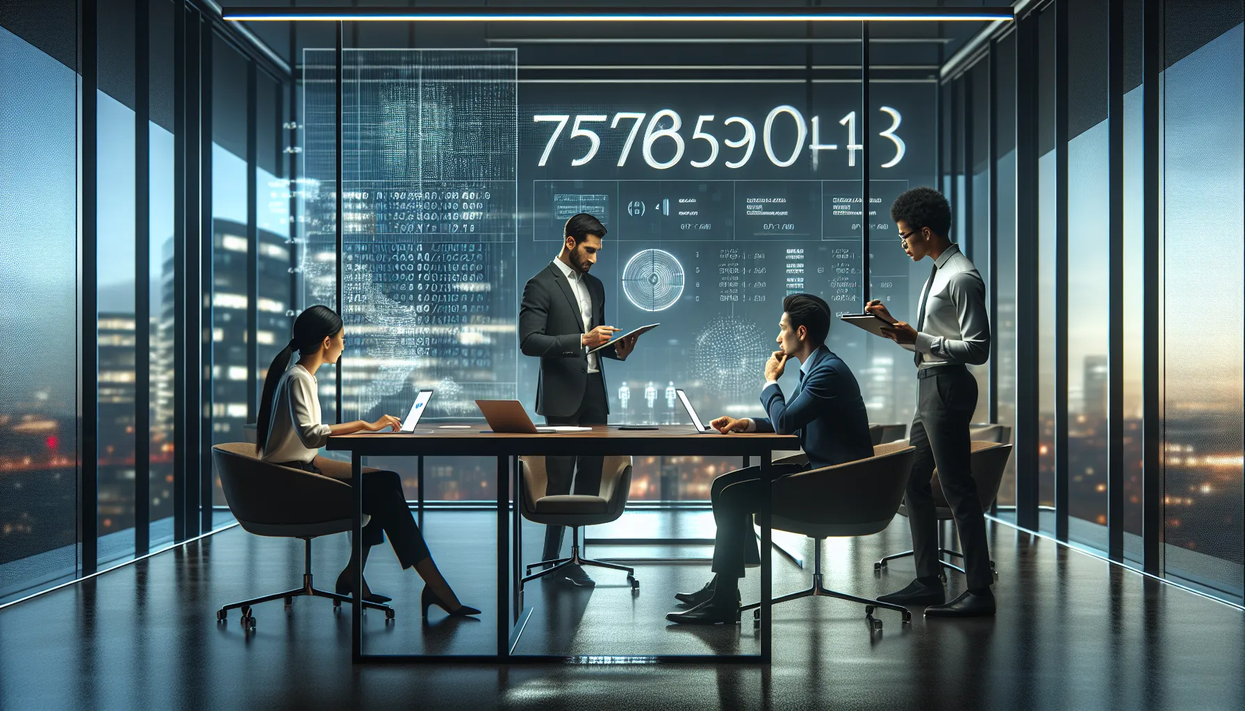 professionals discussing the meaning of a unique number in a modern office.