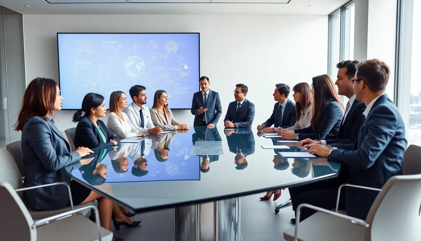 diverse team discussing complex ideas in a modern office setting.