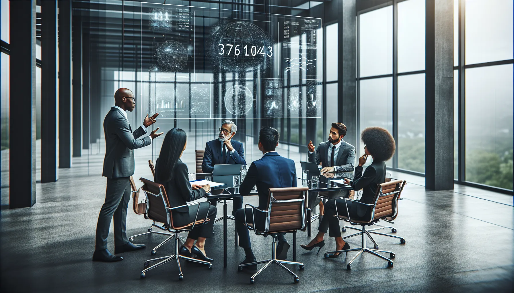 Professionals discussing data insights in a modern office setting.