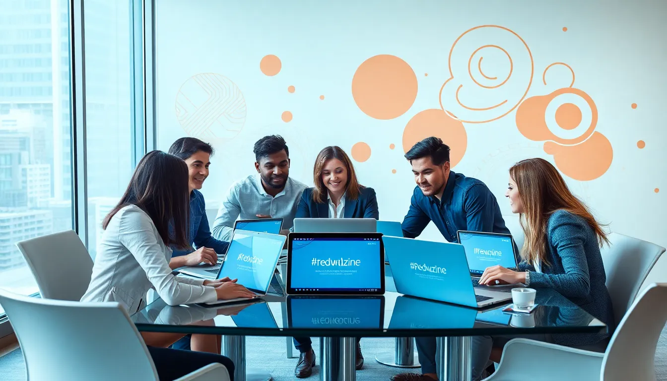 diverse professionals collaborating in a modern workspace.